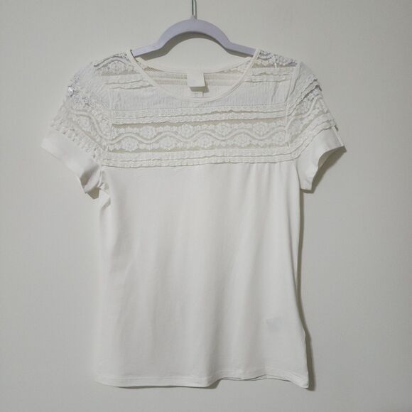 H&M Womens Yoke Lace Ruffle Top Ivory Jersey Short Sleeve Crew Neck Size S - Picture 3 of 11